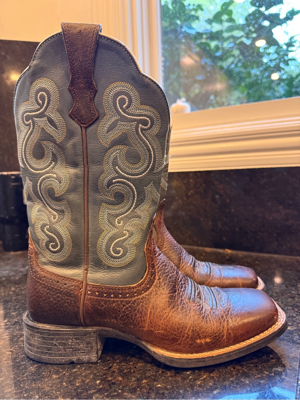 Ariat Brown Foot Leather Boots with Blue Embroidered Shaft